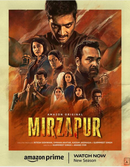 "Mirzapur season 3 poster, featuring Ali Faizal,Pankaj Tripathi,Shweta Tripathi Sharma,Rasika Dugal,Vijay Varma,Isha Talwar,Anjumm Shharma,Priyanshu Painyuli,Harshita Shekhar Gaur in a scene."